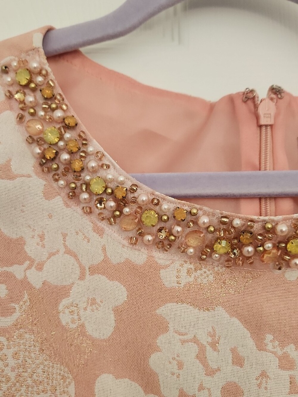 Cute Coquette Formal Eliza J Pink Rose Gold Floral Beaded-Neck Shift Dress - Picture 6 of 7